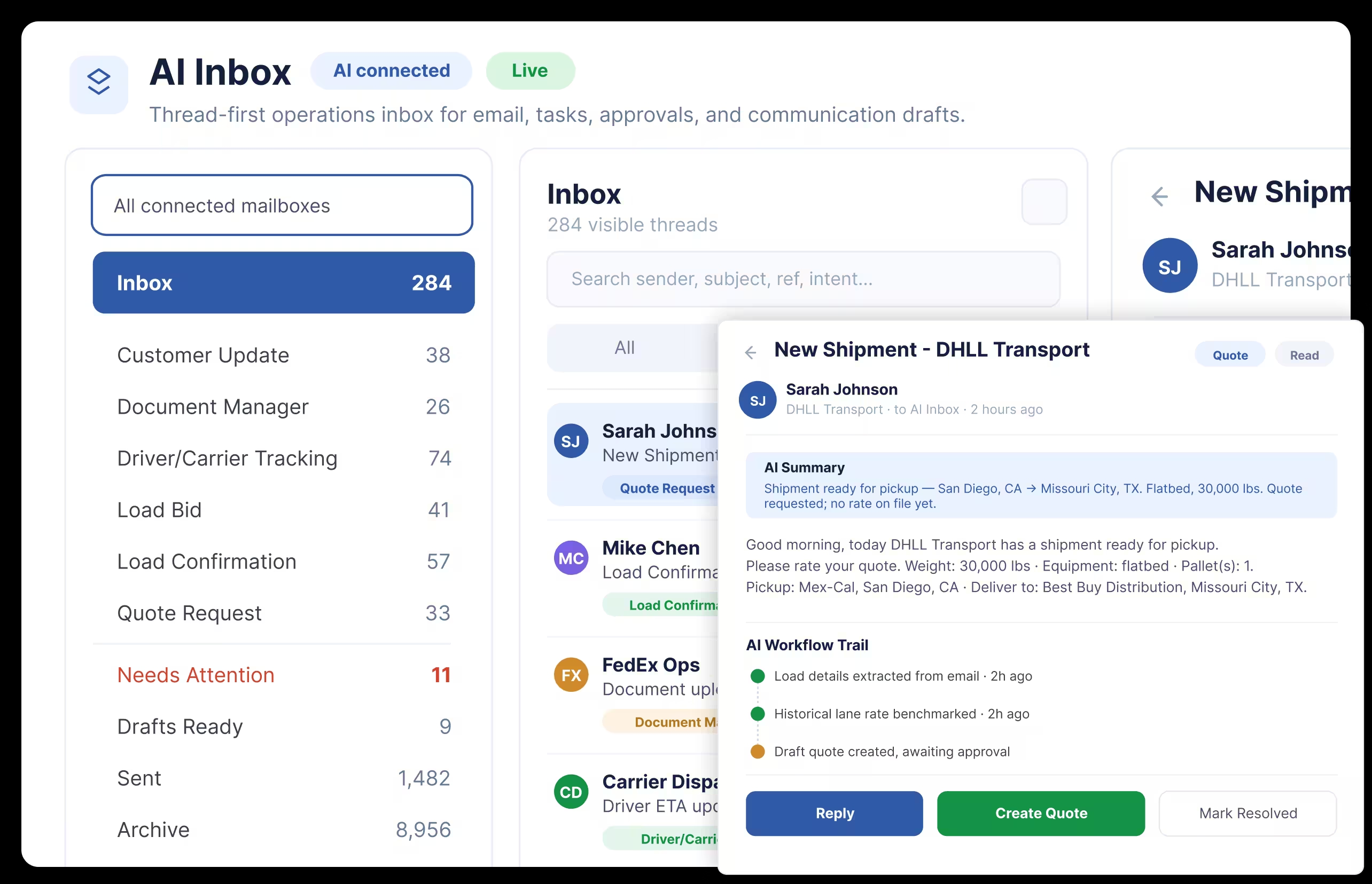 AI Inbox showing email threads, agent actions, and TMS updates in LoadStop