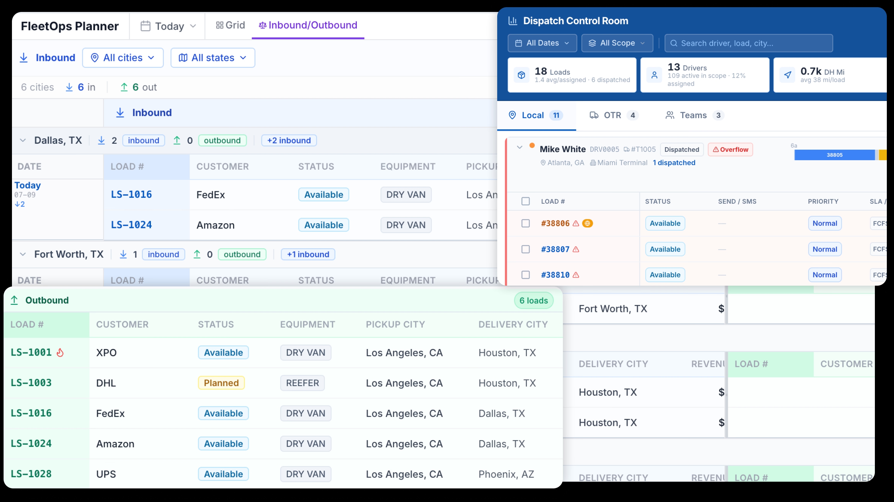 LoadStop Carrier TMS screen showing AI driver dispatch planning, load history, availability, location, and HOS planning.