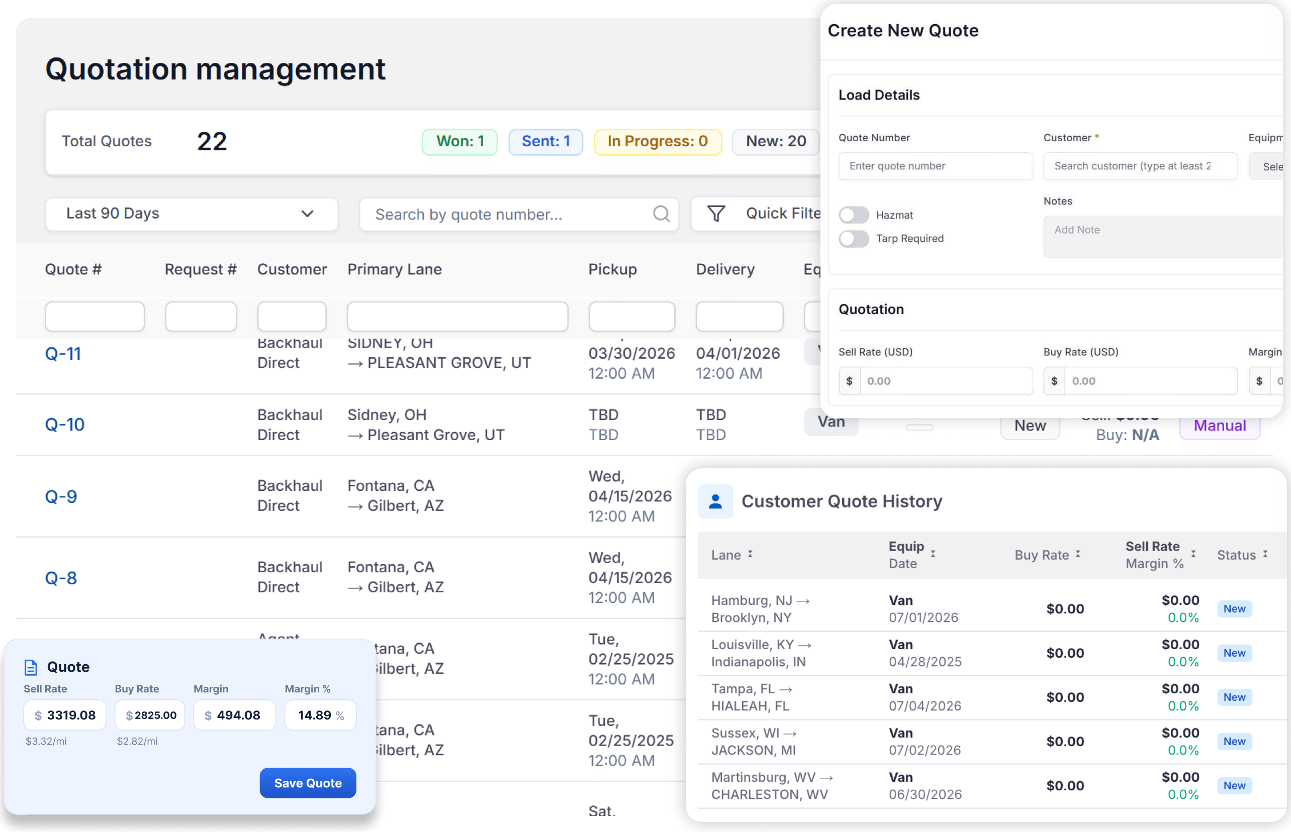 LoadStop quotation management with sell rate, buy rate, and margin