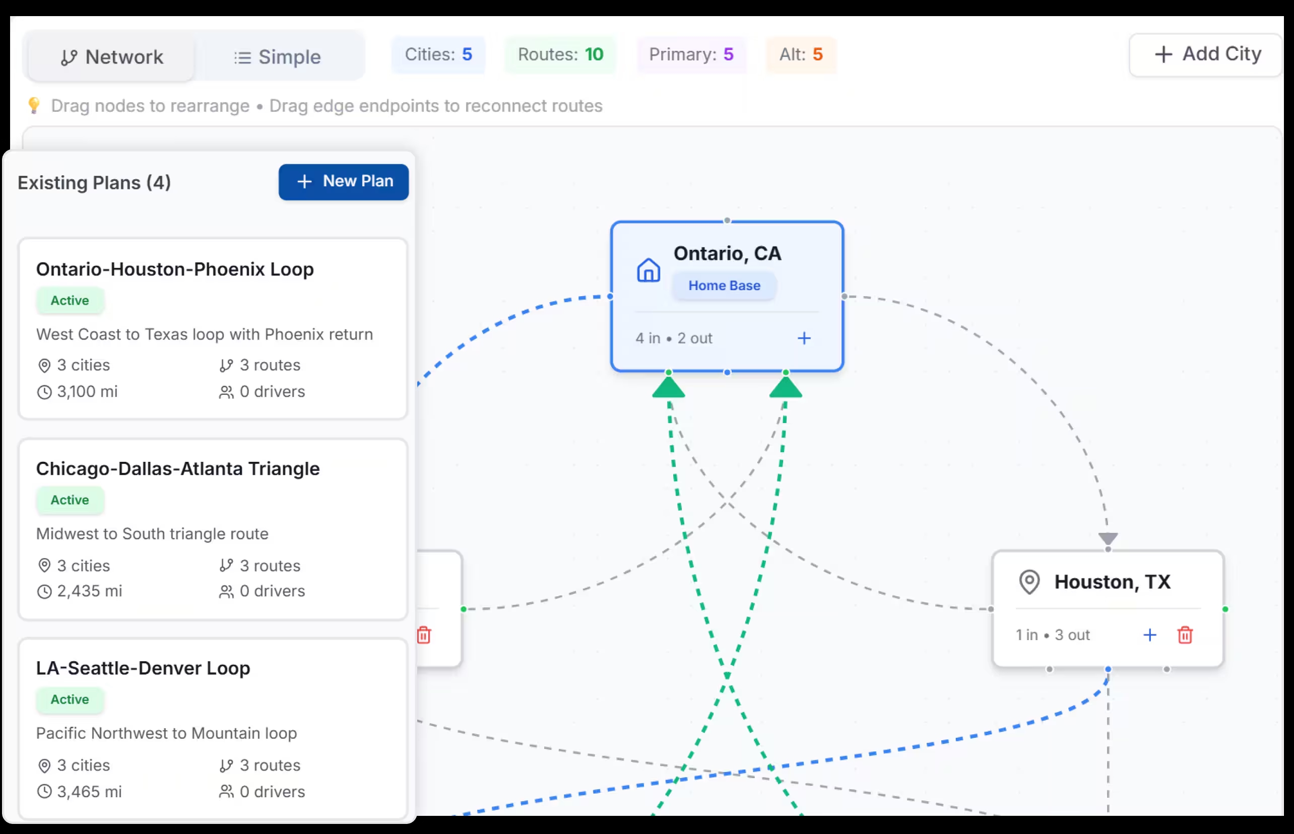 LoadStop Network Plans map with Ontario to Houston freight loops