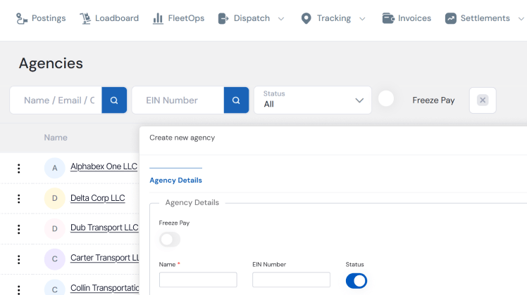 LoadStop enterprise freight operations team planning module showcasing agency management across multiple entities.