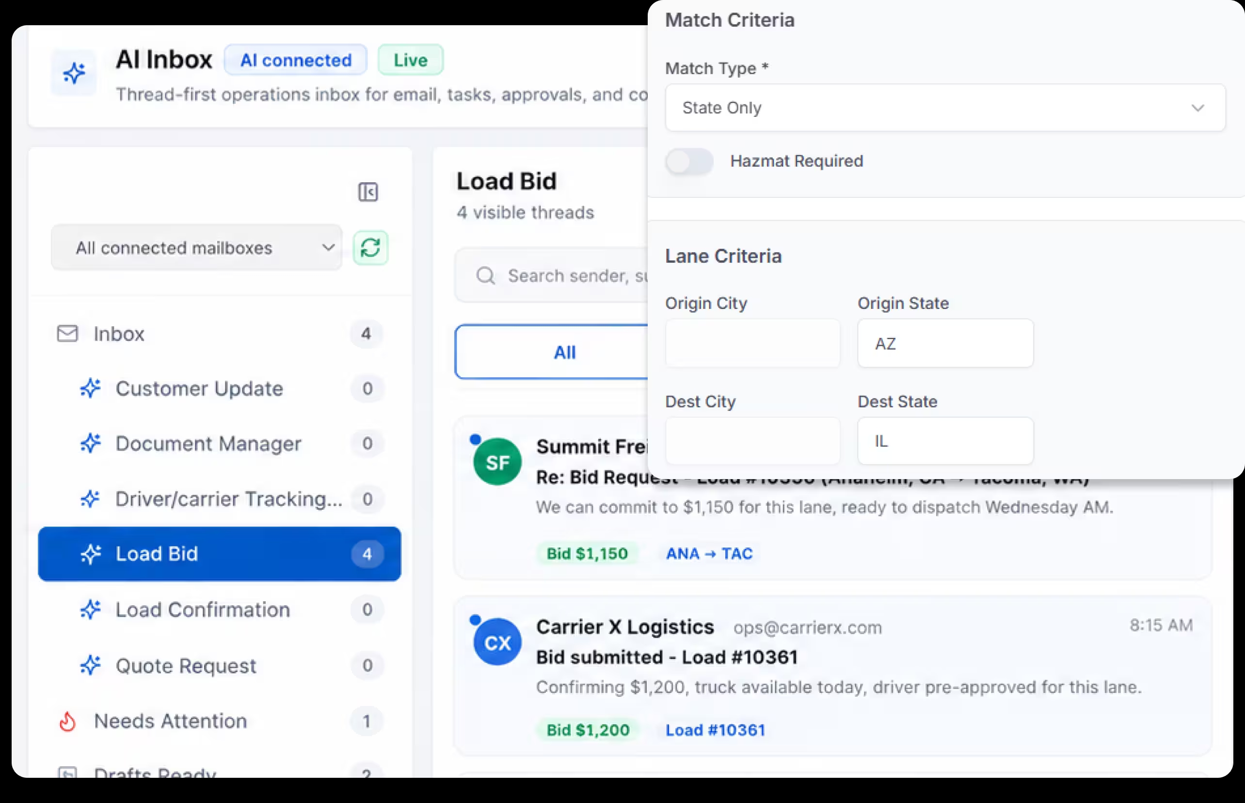 LoadStop carrier bidding dashboard
