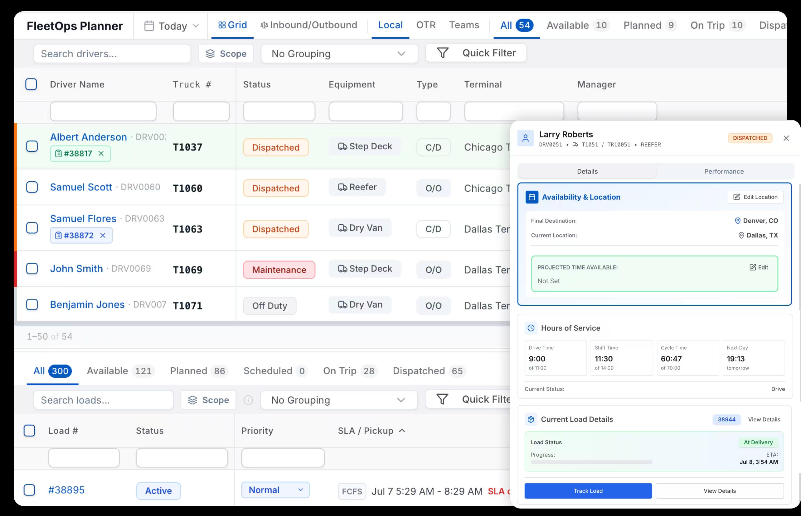 LoadStop FleetOps Planner with fleet availability, hours of service, planning queue, and utilization metrics