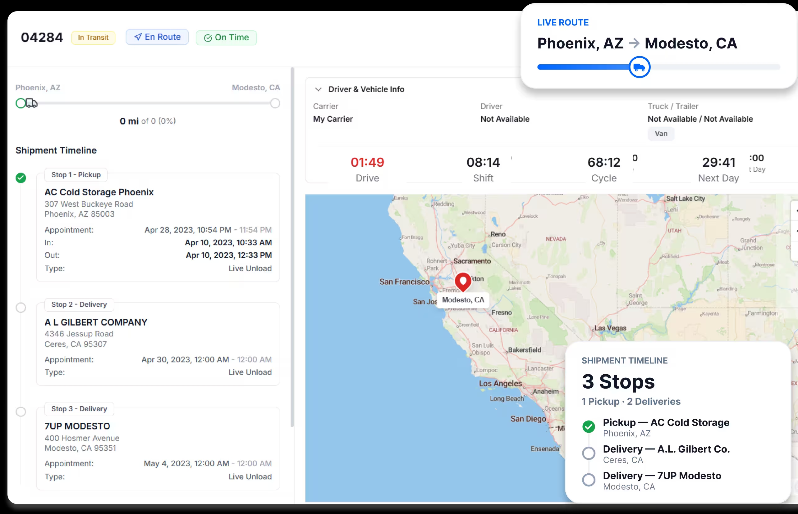 LoadStop shipment tracking dashboard with live route map, timeline stops, and driver hours of service