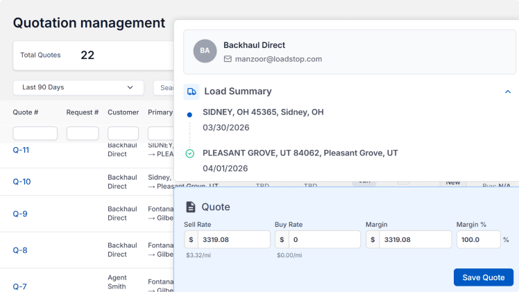 LoadStop Hybrid TMS quotation management screen showing load summary, quote details, and margin fields.