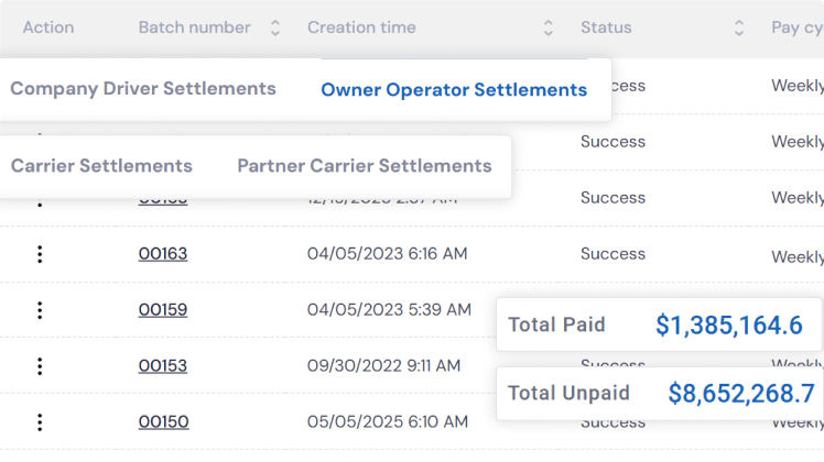 LoadStop settlement module showing batch and multi-entity settlement configuration, status report, and other features.