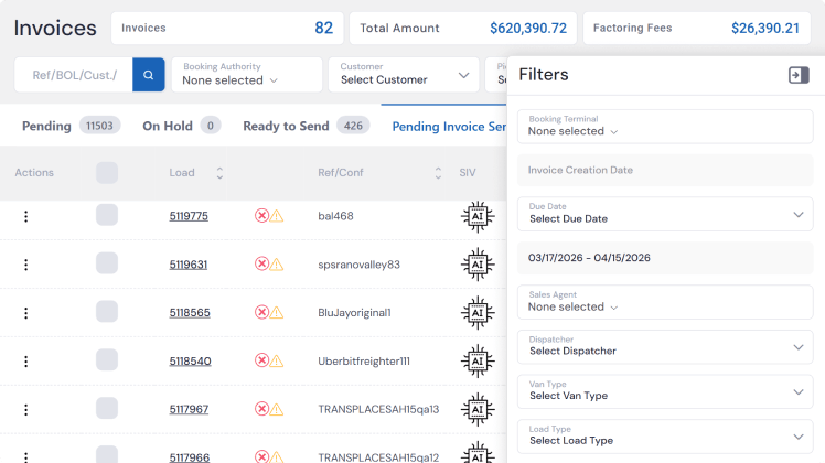 LoadStop billing feature verify rates, expenses and required document automatically.