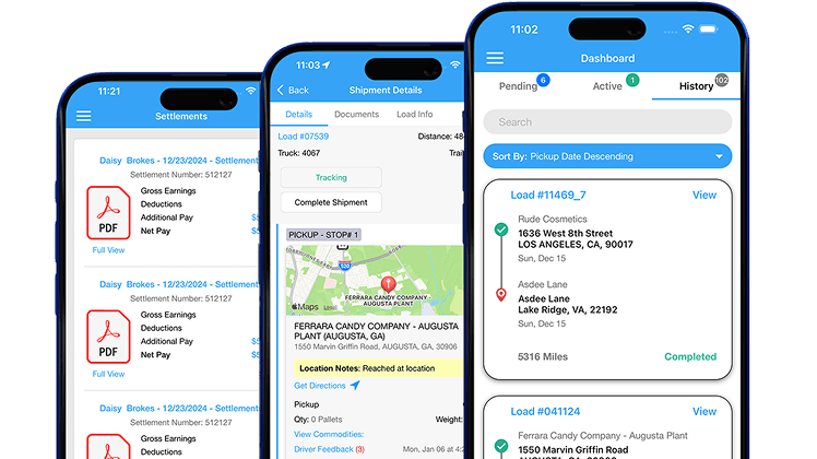 LoadStop Driver App screens showing dashboard, shipment details, and settlements.