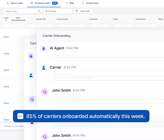 LoadStop agentic carrier onboarding workflow showing AI follow-ups, carrier messages, and automatic onboarding progress.