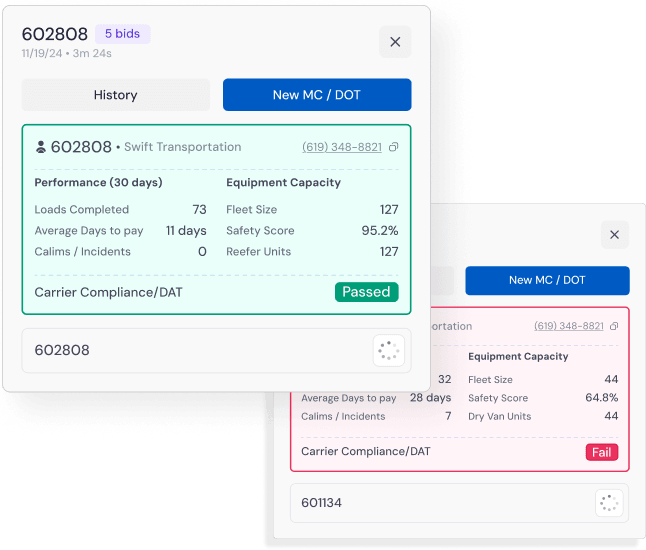 LoadStop carrier compliance panel showing safety score, equipment capacity, and DAT compliance pass/fail status.