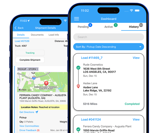 LoadStop Driver App screens showing shipment details, driver status, and dispatch updates.