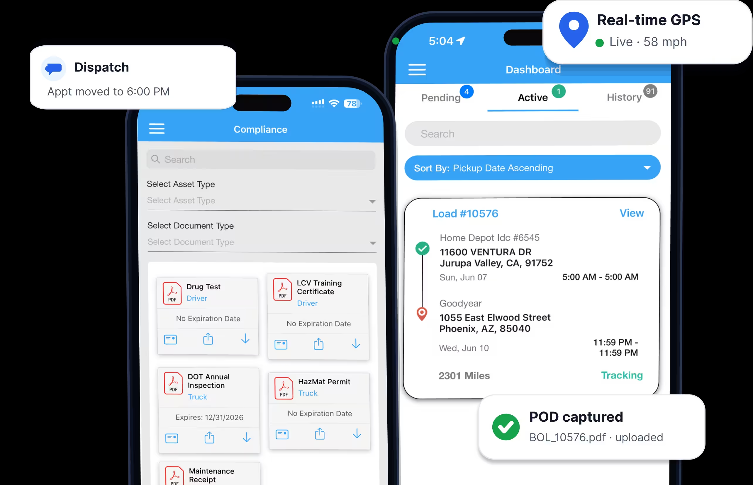LoadStop driver mobile app showing compliance documents, active load tracking, real-time GPS, dispatch messaging, and POD capture