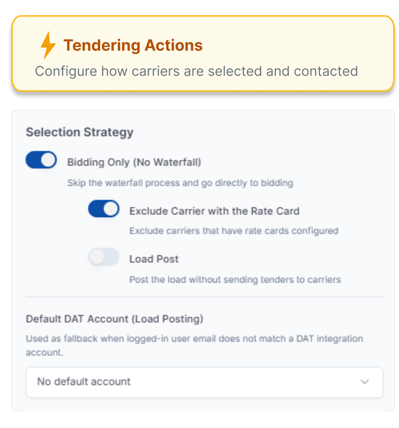 LoadStop tendering actions screen showing carrier outreach configuration