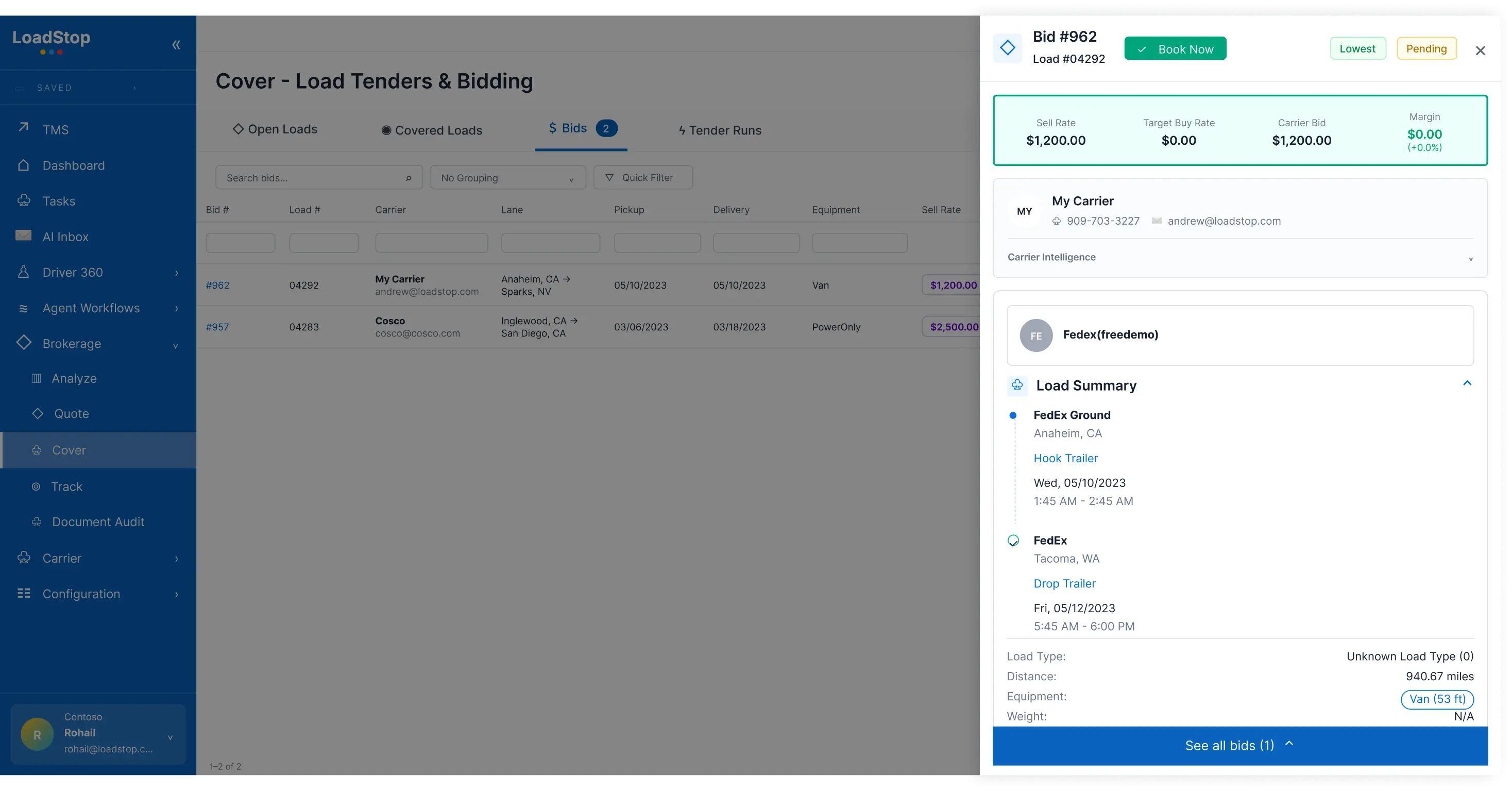 Reviewing a carrier's bid, rate, and margin against performance and lane history before award