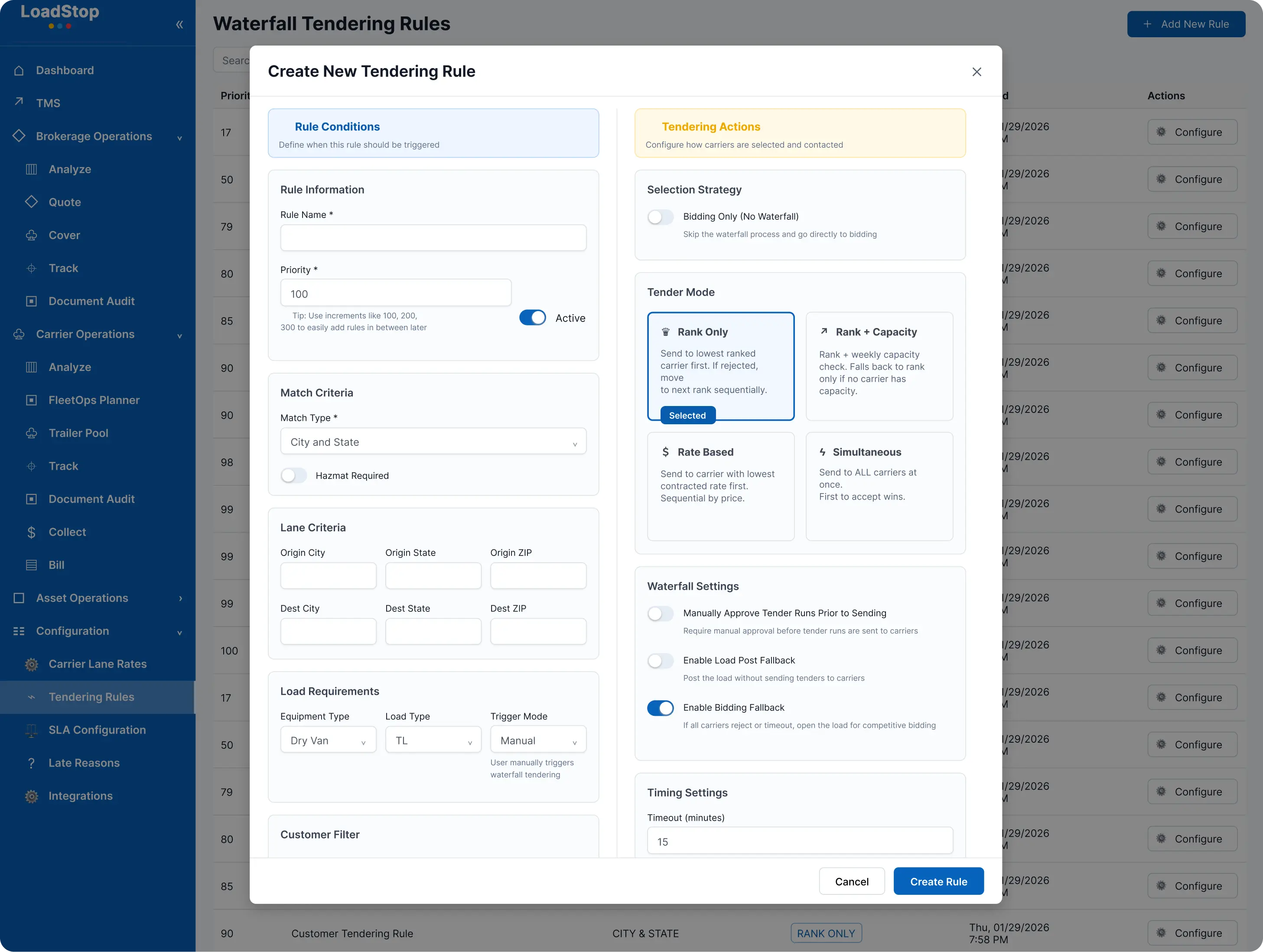 LoadStop Waterfall Tendering rules configuration in the broker TMS