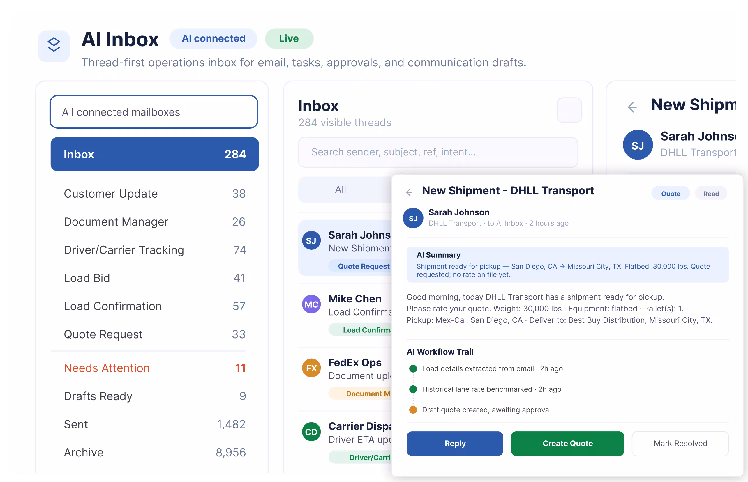 AI Inbox showing email threads, agent actions, and TMS updates in LoadStop