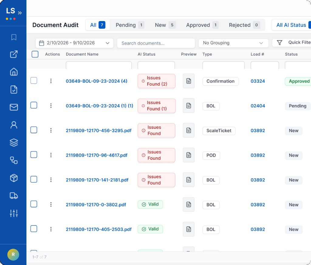 LoadStop Document Audit list with AI status, BOL and POD files, and issues-found flags.