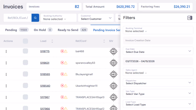 LoadStop billing feature verify rates, expenses and required document automatically.