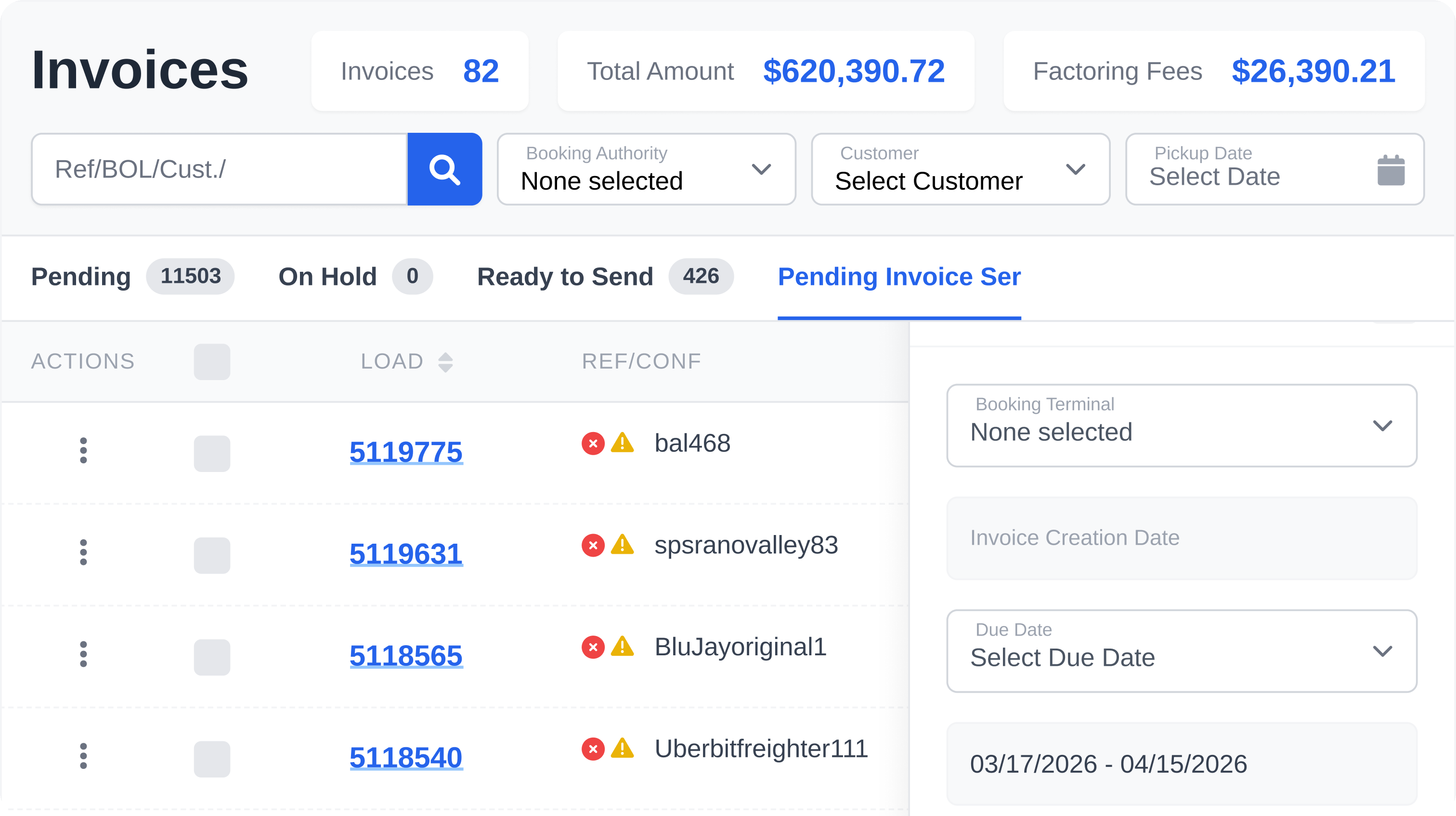 LoadStop Invoices board with pending invoice totals, load references, and invoice filter fields.