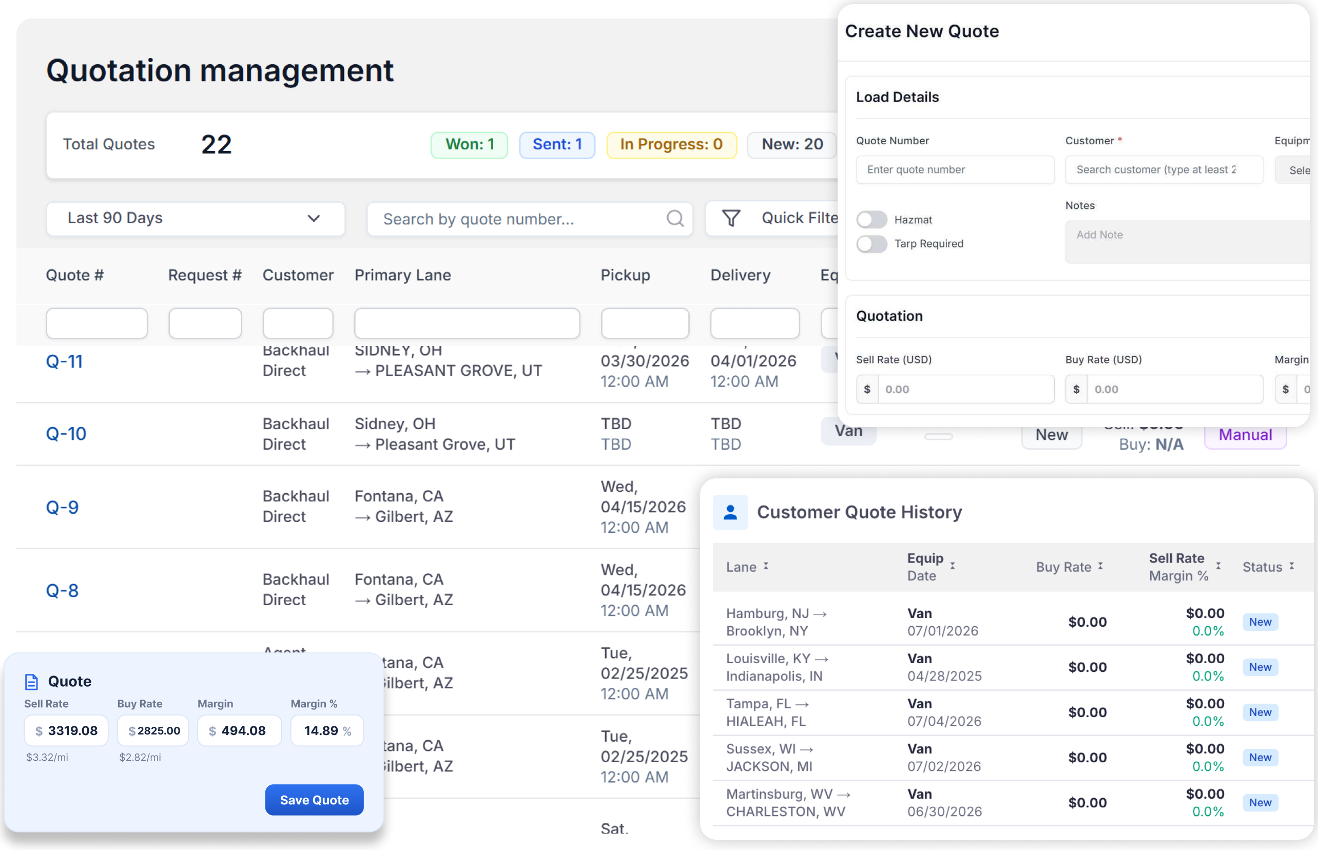 LoadStop quotation management with sell rate, buy rate, and margin
