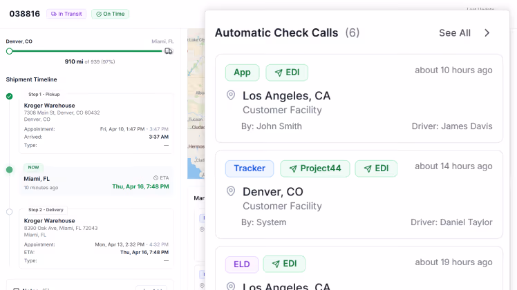 Predictive ETA, shipment timeline, automated check call alert features within LoadStop's Shipment Tracking dashboard.