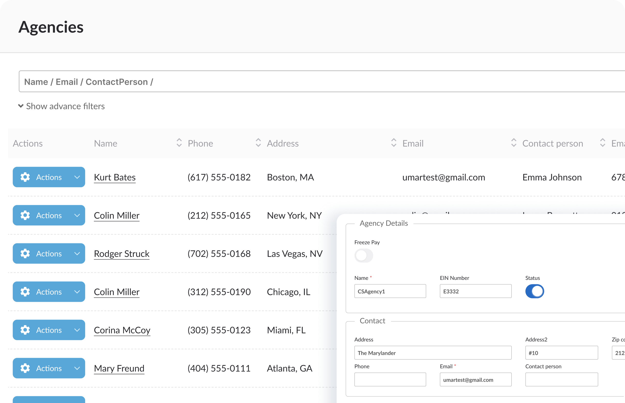 LoadStop Agencies list with Agency Details overlay