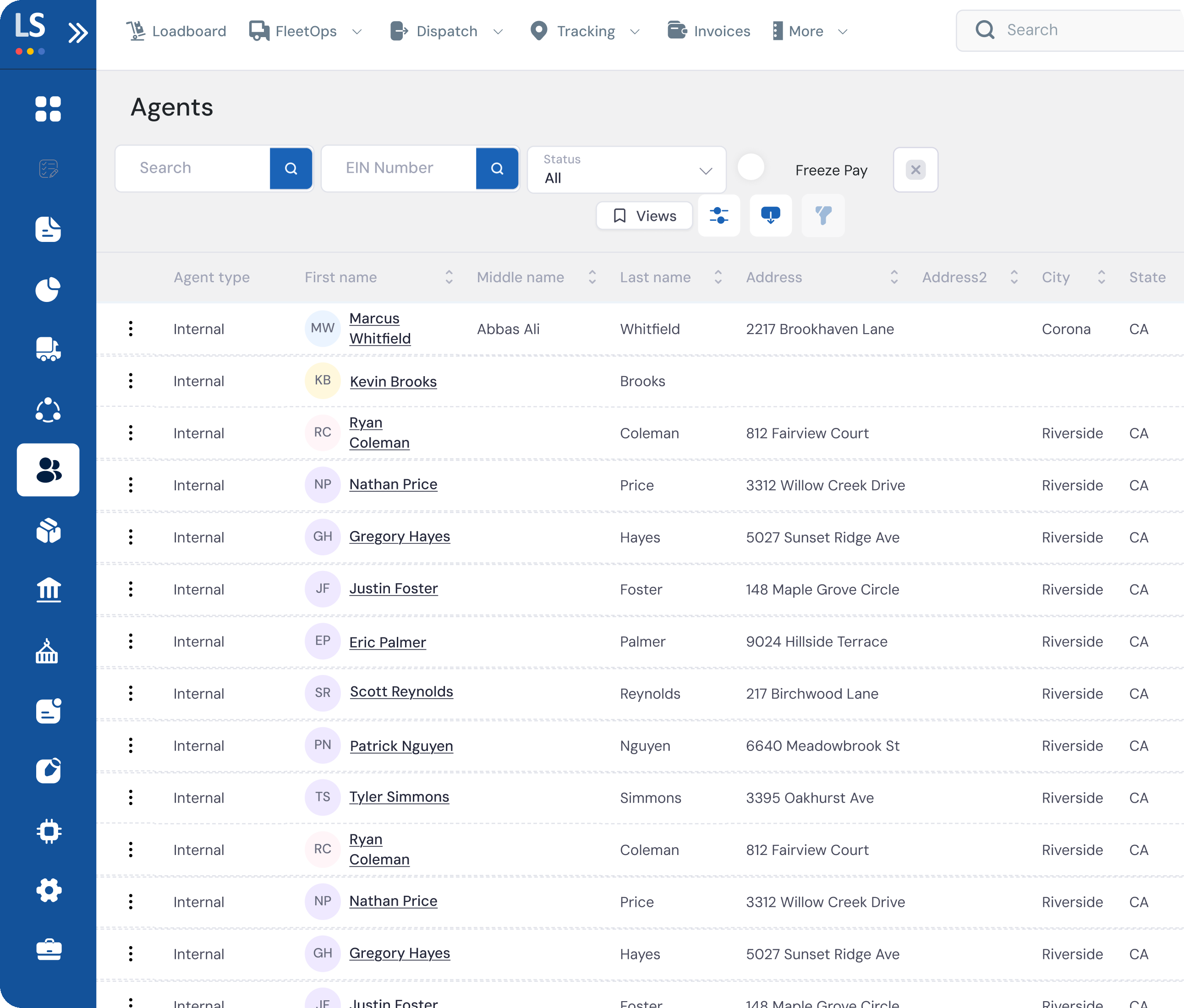 LoadStop Agents list with internal agents, search, and Freeze Pay filter