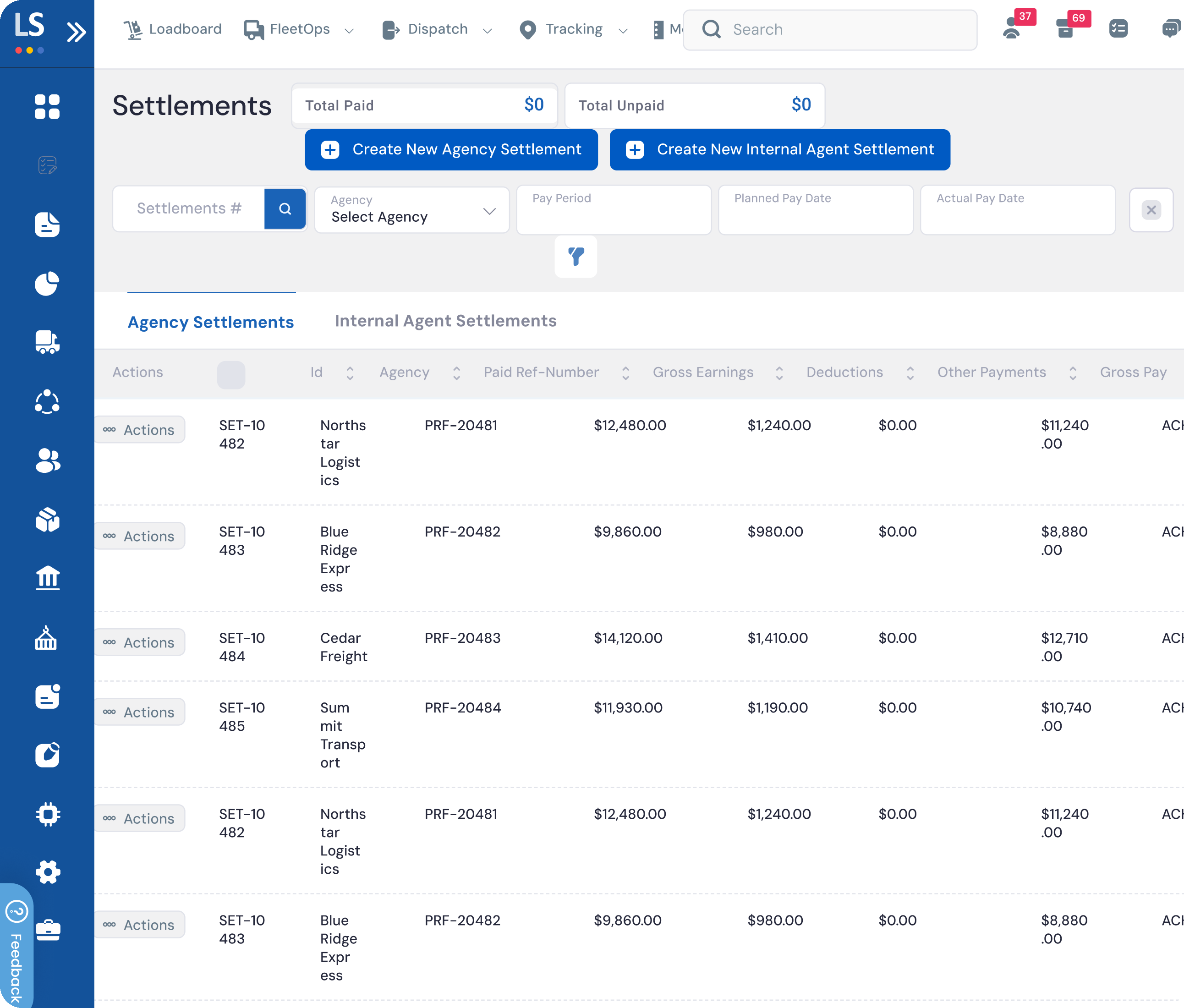 LoadStop Settlements board with agency settlement rows and create settlement actions
