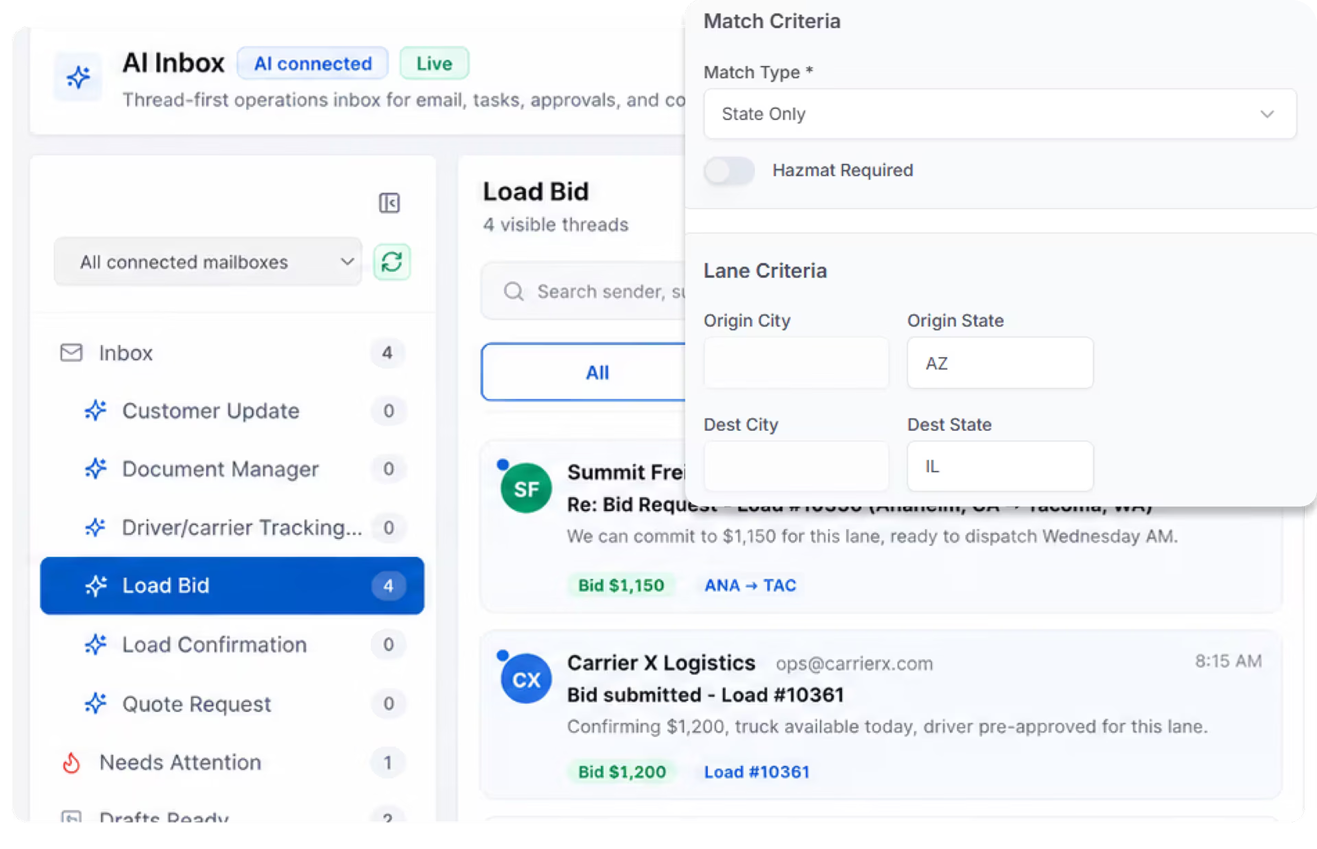 LoadStop AI Inbox Load Bid threads with lane match criteria overlay