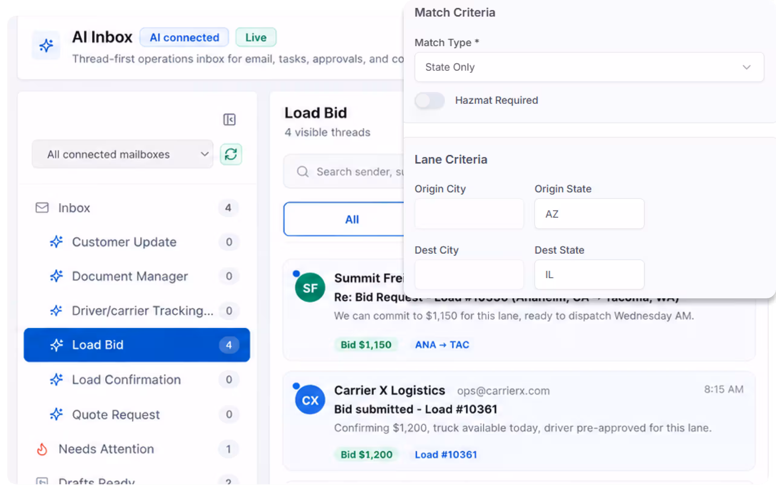 LoadStop carrier bidding dashboard