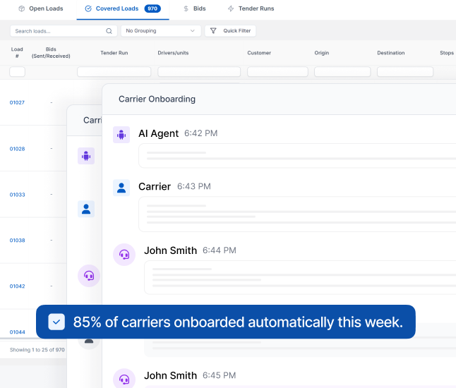 LoadStop agentic carrier onboarding workflow showing AI follow-ups, carrier messages, and automatic onboarding progress.