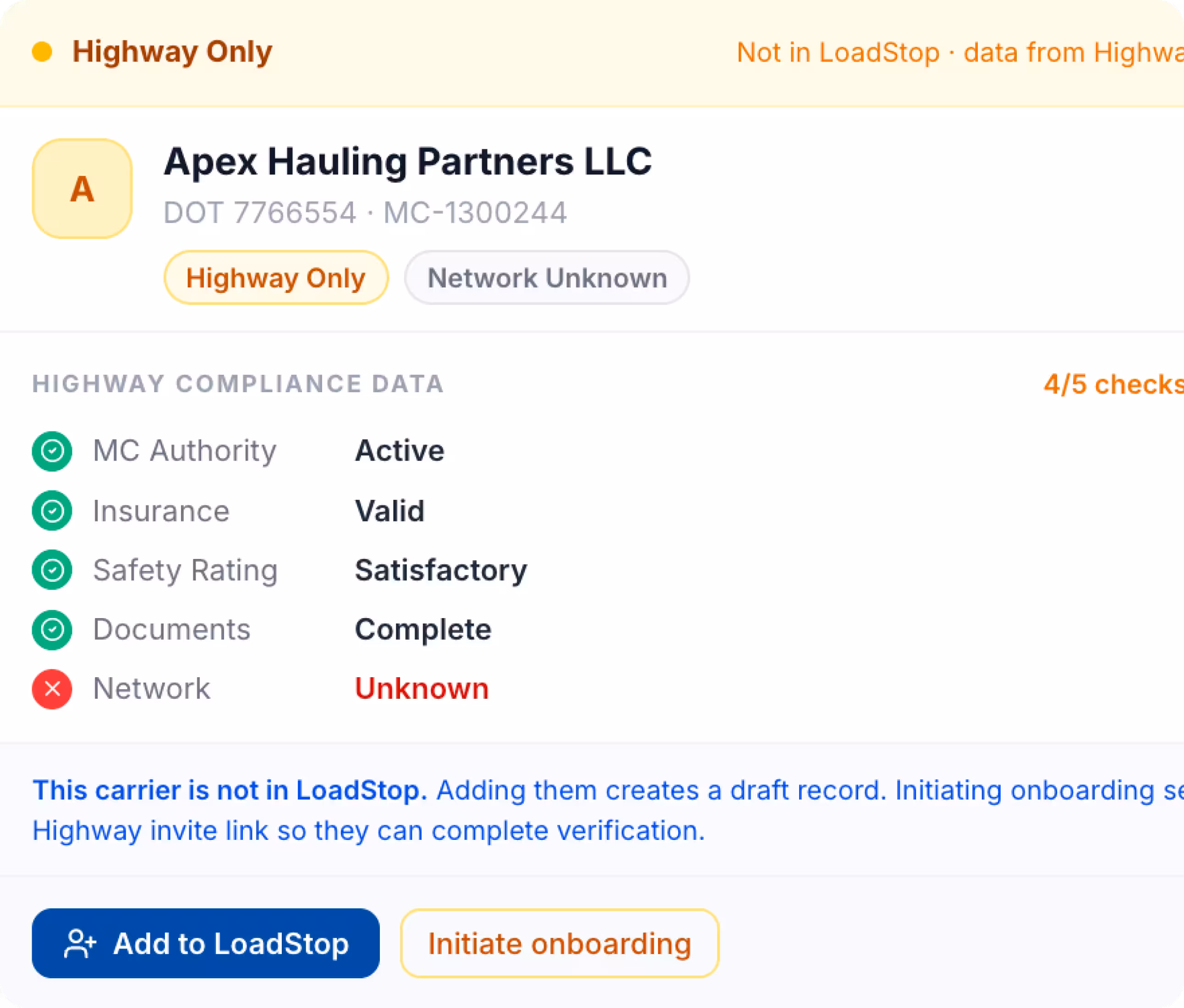 LoadStop Covered Loads with Carrier Onboarding thread and 85 percent automated onboarding banner