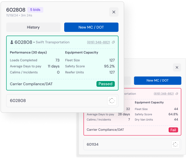 LoadStop carrier compliance panel showing safety score, equipment capacity, and DAT compliance pass/fail status.