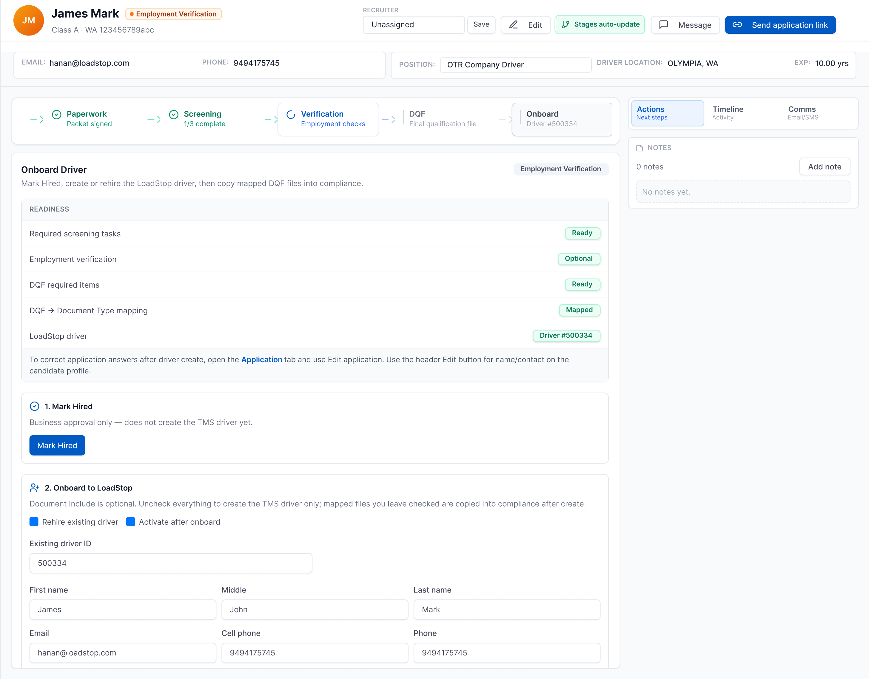 LoadStop Driver 360 employment verification on a candidate record