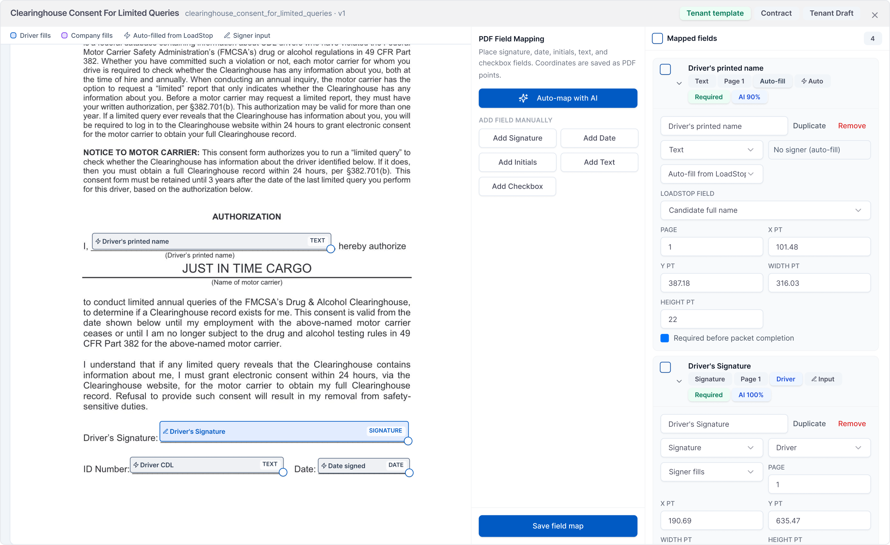 LoadStop Driver 360 Clearinghouse Consent e-signature template editor