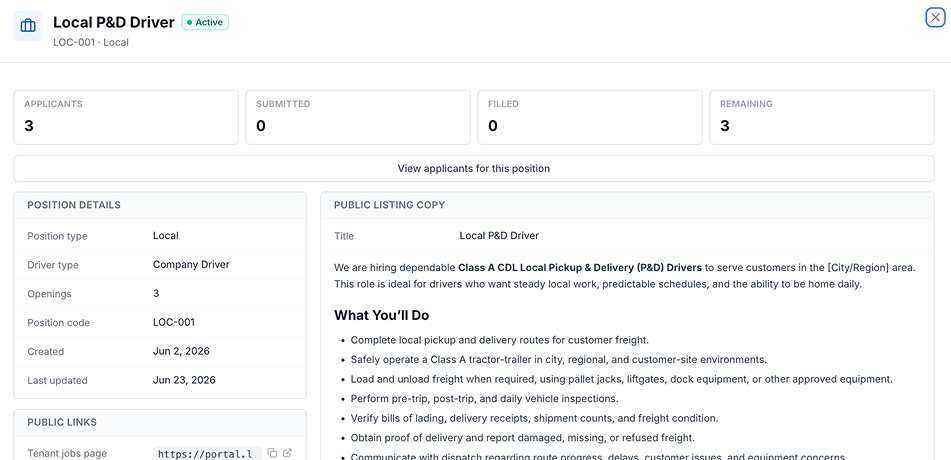 LoadStop Driver 360 public job board and position posting settings