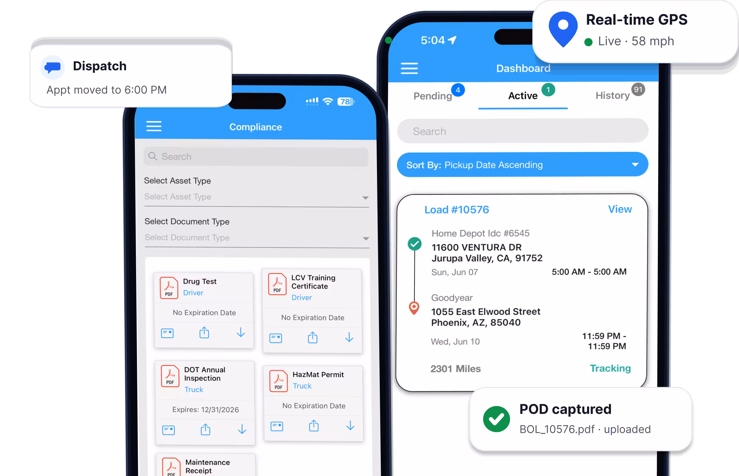 LoadStop driver mobile app showing compliance documents, active load tracking, real-time GPS, dispatch messaging, and POD capture