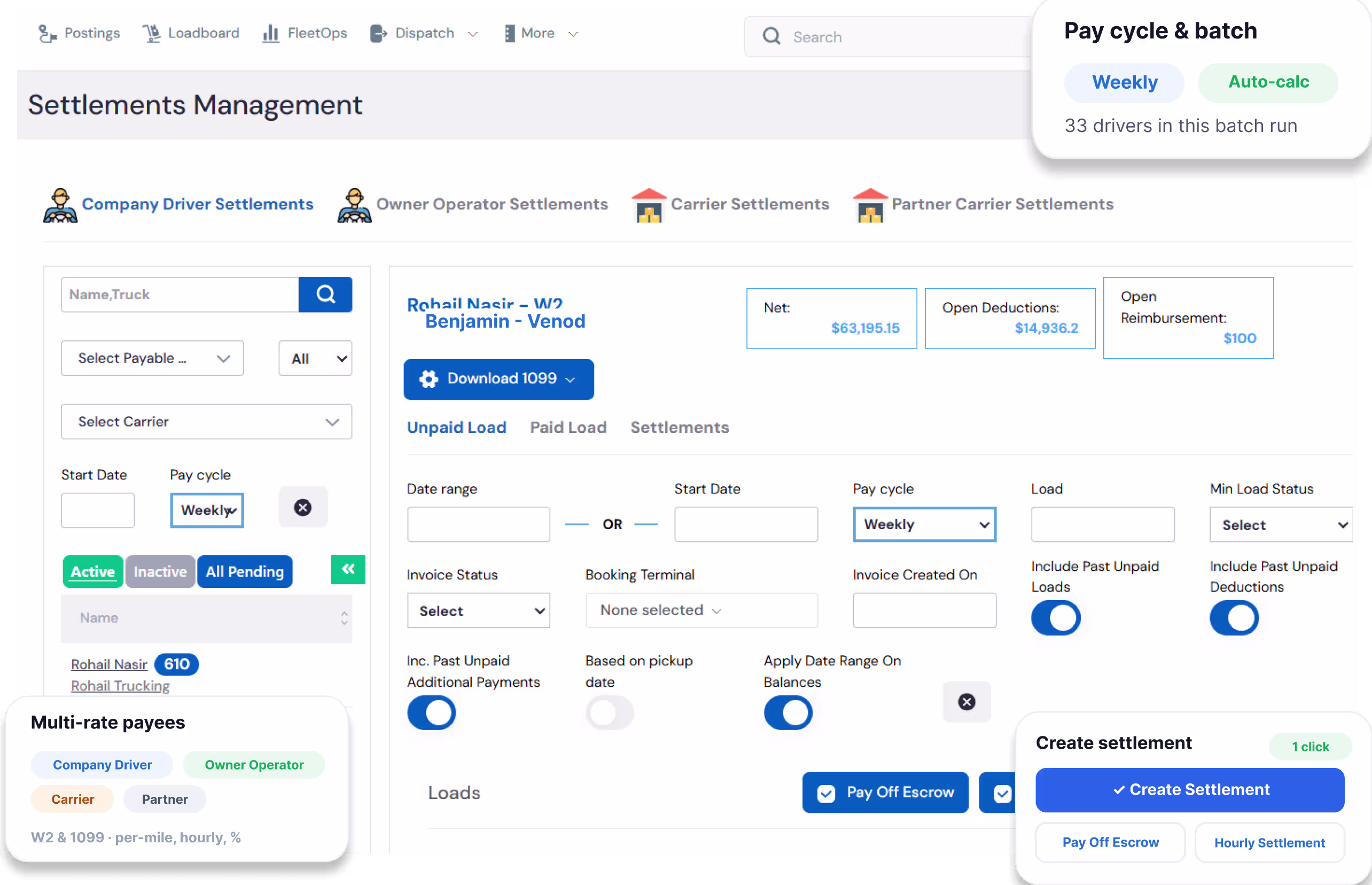 LoadStop settlements management dashboard with one-click settlement creation, pay cycle batching, deductions, and multi-rate payee support