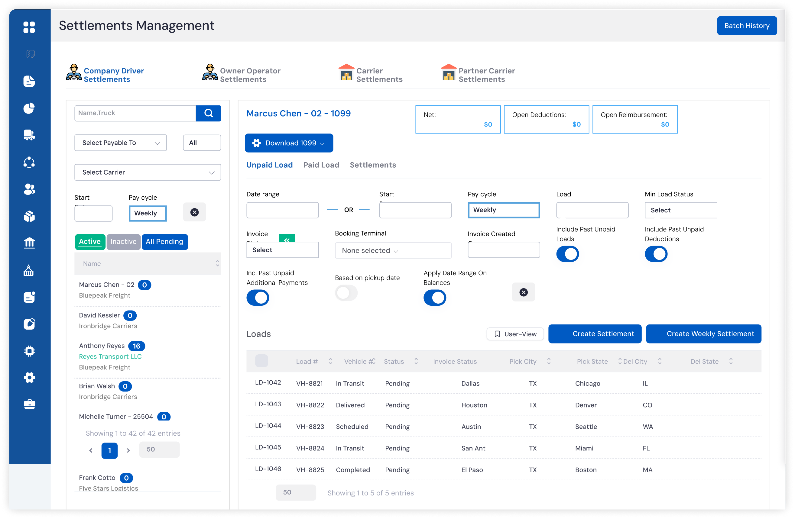 LoadStop Settlements Management with company driver payees, unpaid loads, and create settlement actions