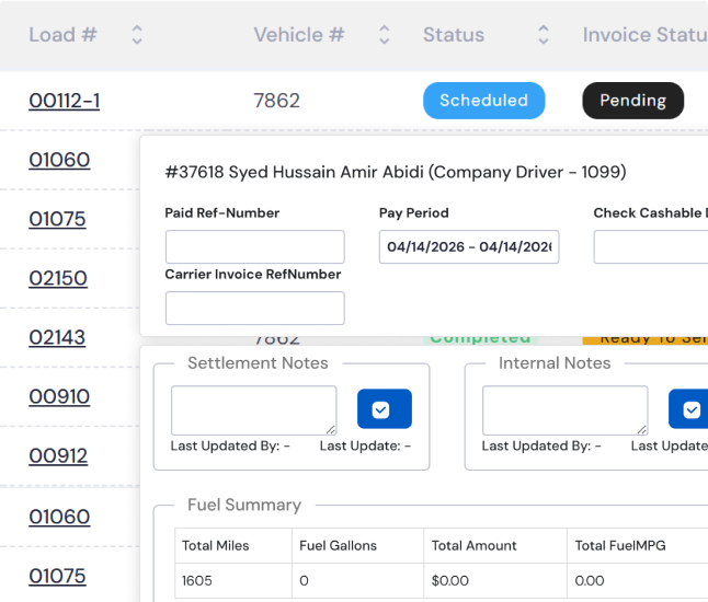 LoadStop driver settlement detail showing pay period, reference numbers, settlement notes, and fuel summary.