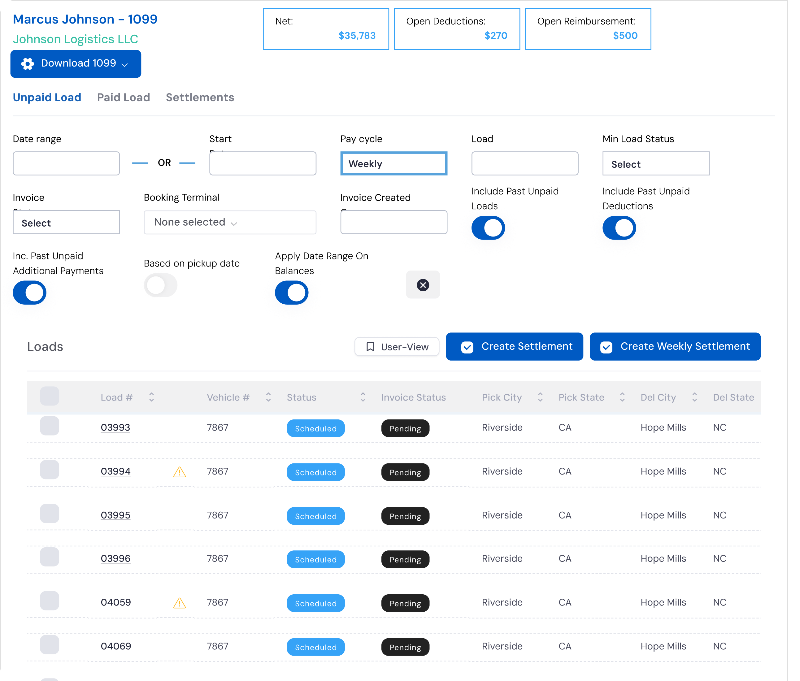 LoadStop driver settlement totals with create settlement actions and unpaid loads
