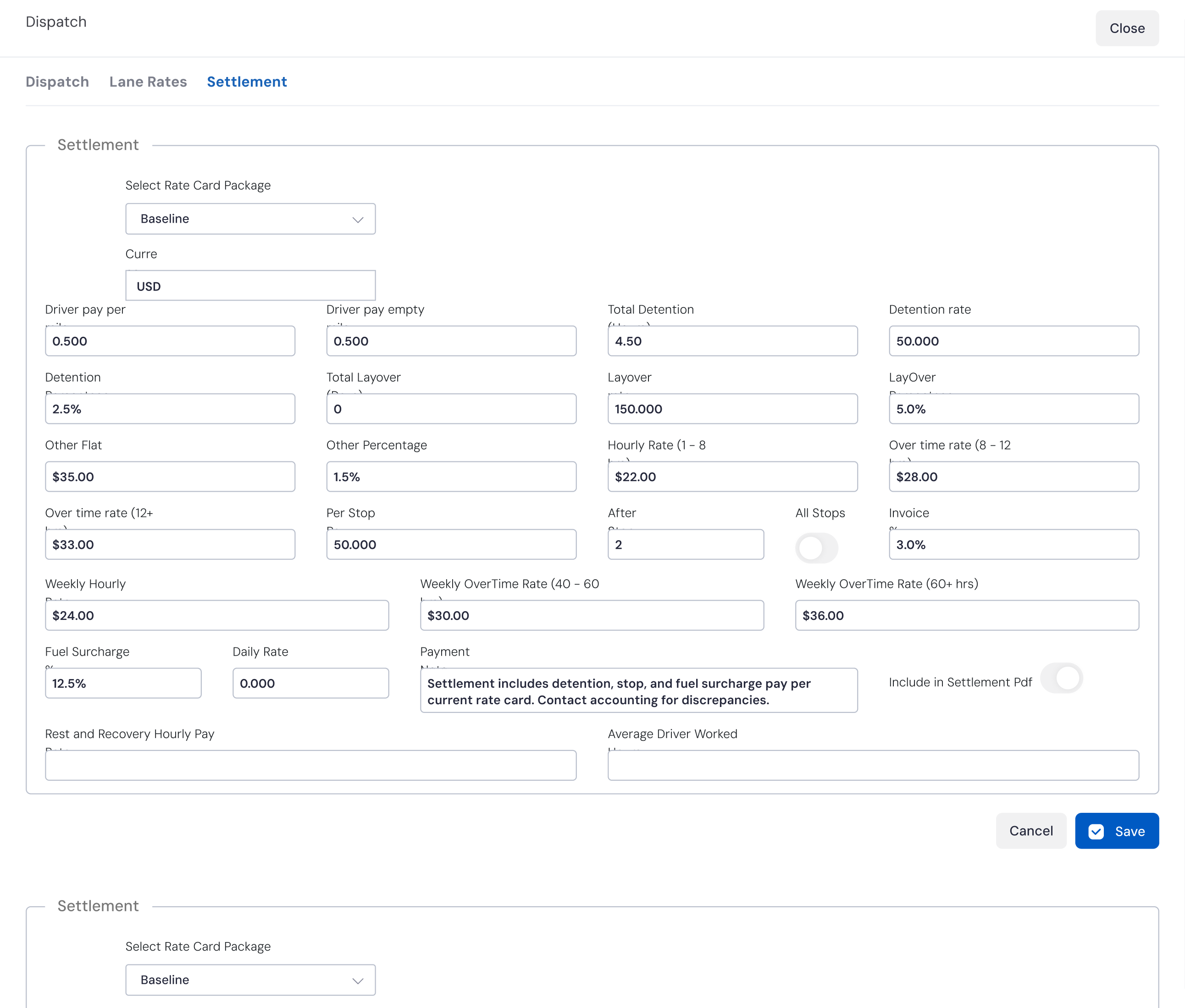 LoadStop Settlement rate card with driver pay, detention, layover, and overtime rates