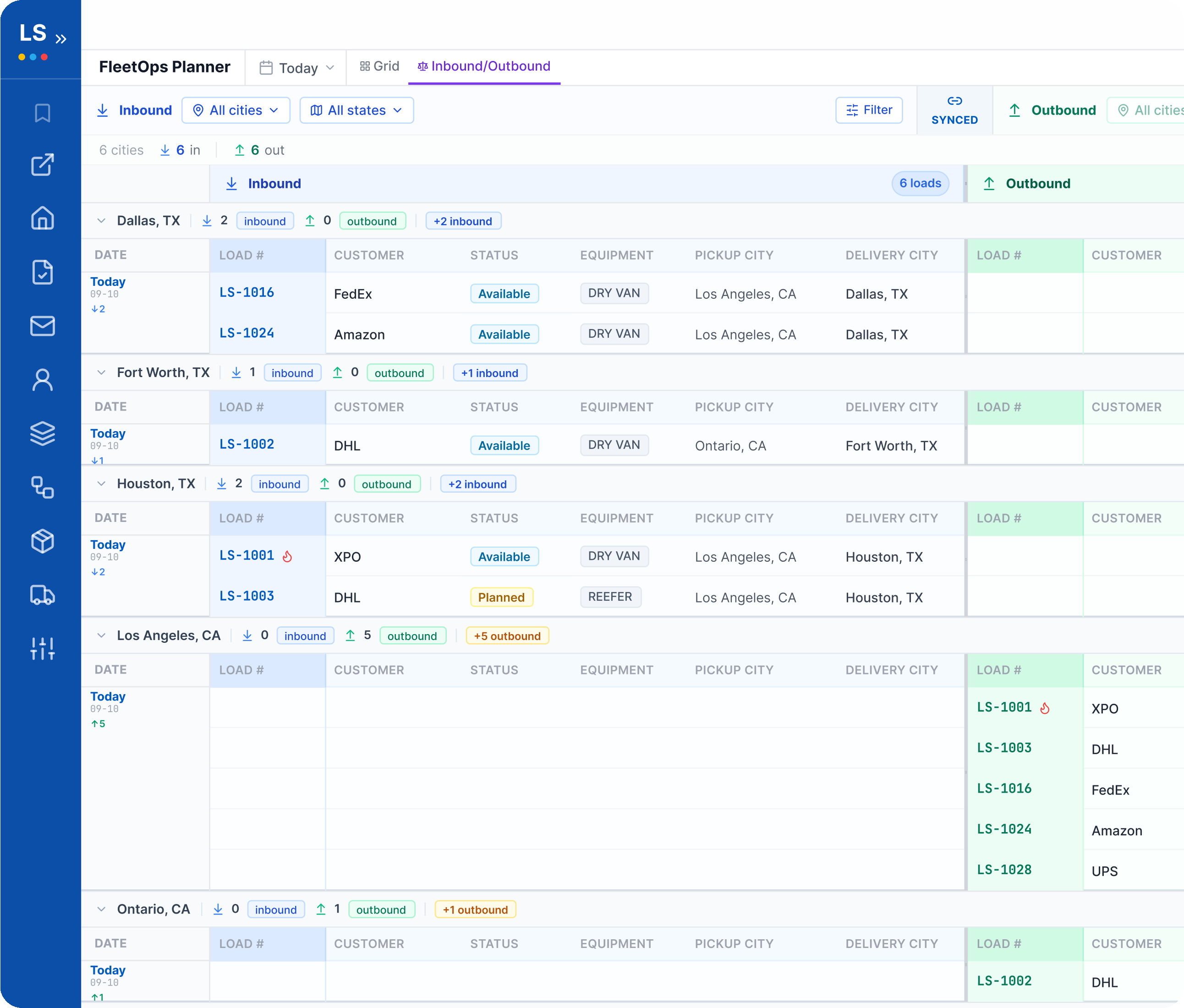 LoadStop FleetOps Planner inbound and outbound grid by city with load status and equipment