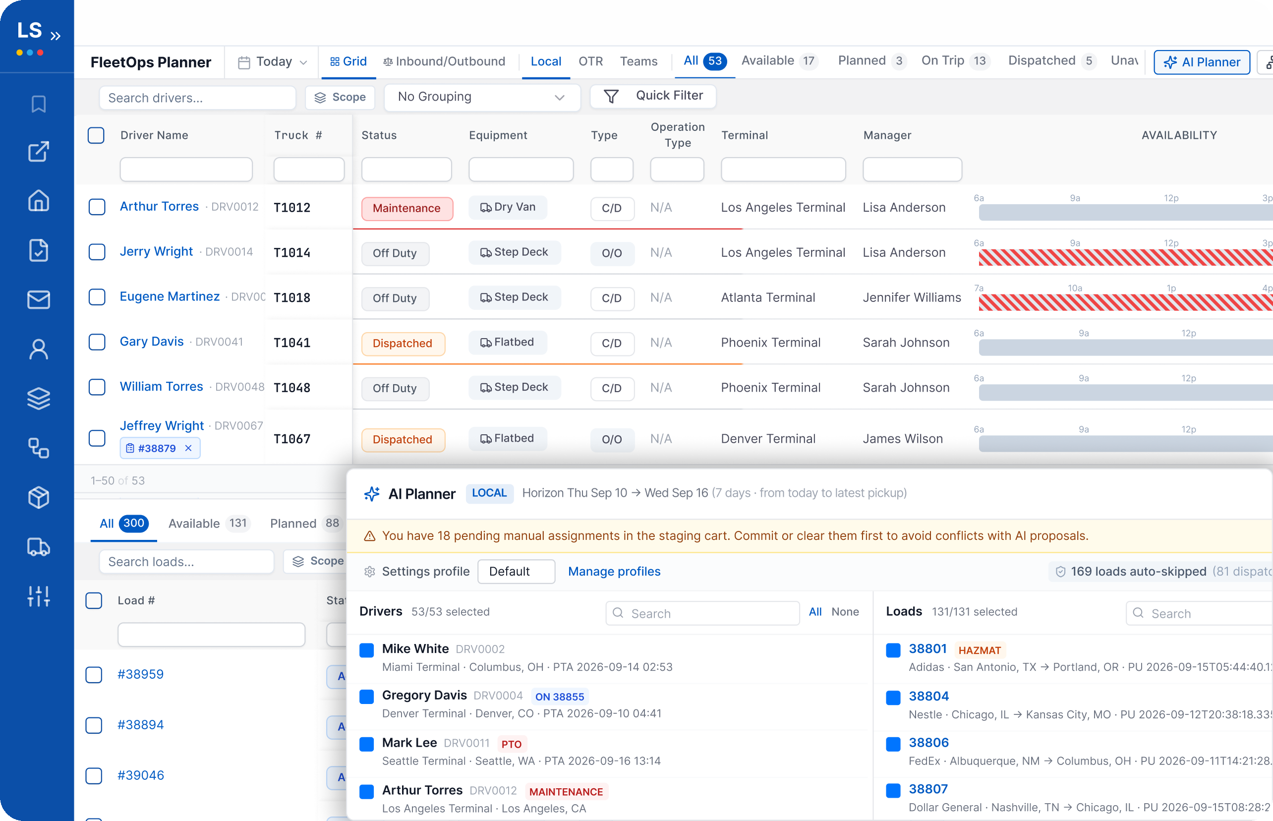 LoadStop FleetOps Planner with AI Planner overlay for drivers and loads