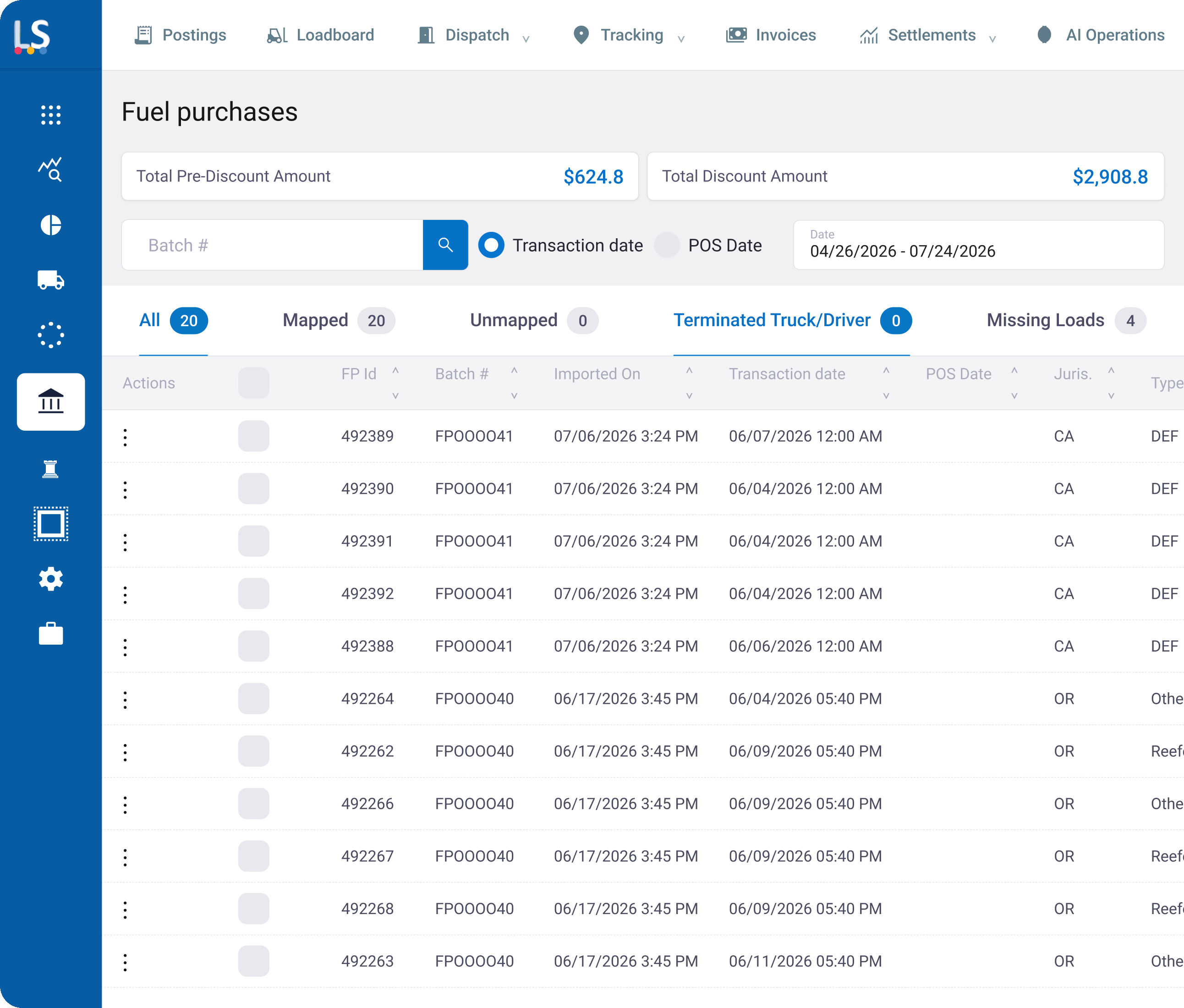 LoadStop Fuel purchases list with mapped transactions, discounts, and missing loads