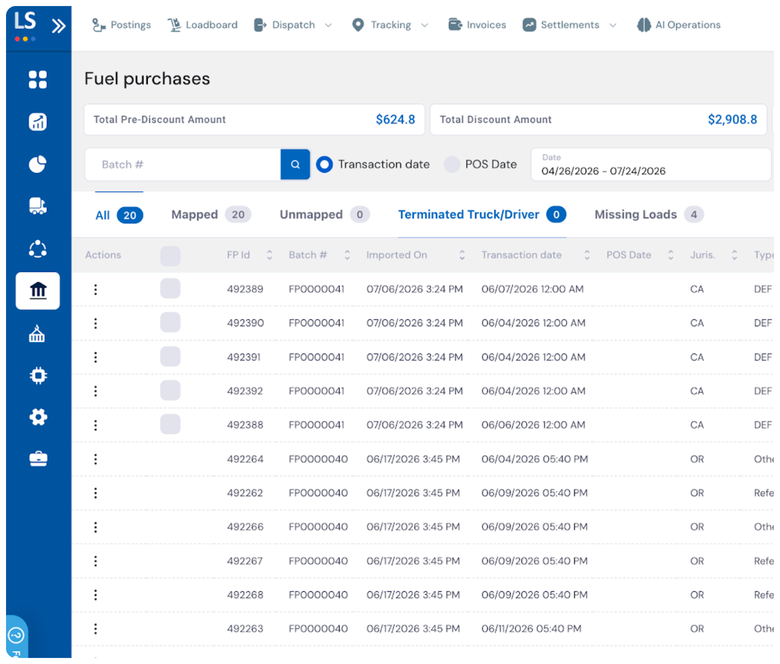 LoadStop fuel and IFTA dashboard with jurisdiction mileage, discount utilization, and recoverable savings