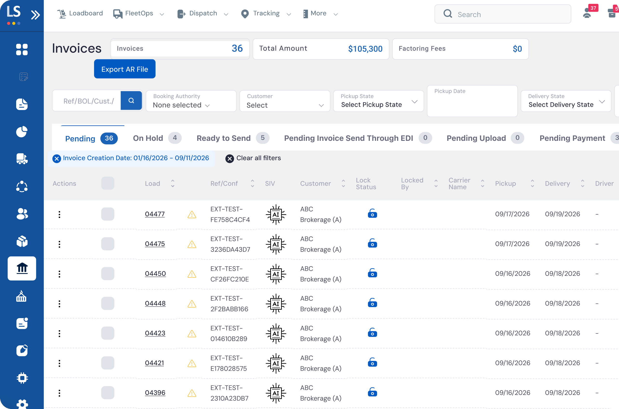 LoadStop Invoices board with pending status, AI flags, and lock status