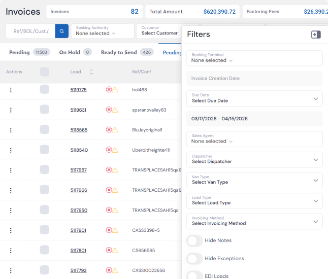 LoadStop invoicing dashboard showing invoice status, customer billing details, factoring fields, and more.