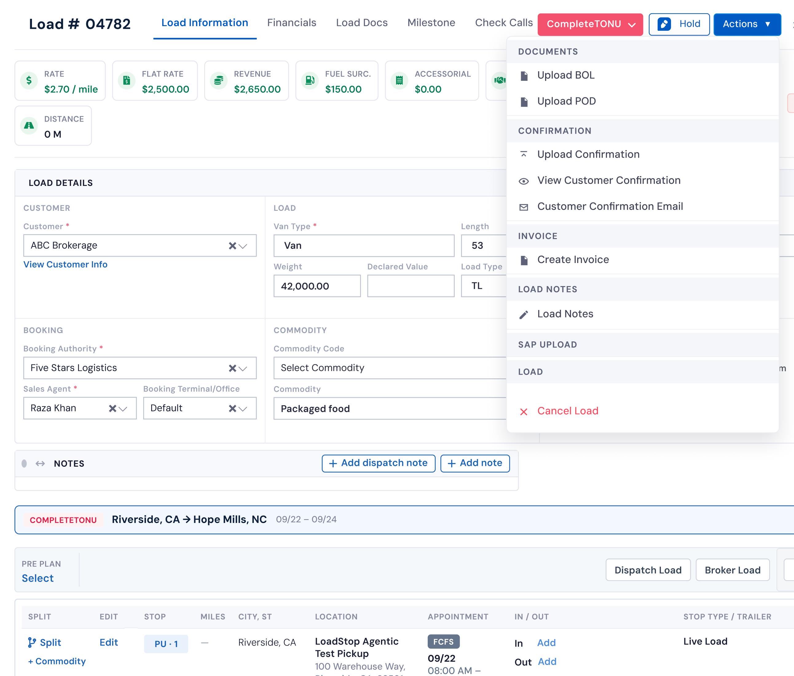 LoadStop load details with Create Invoice in the Complete TONU actions menu