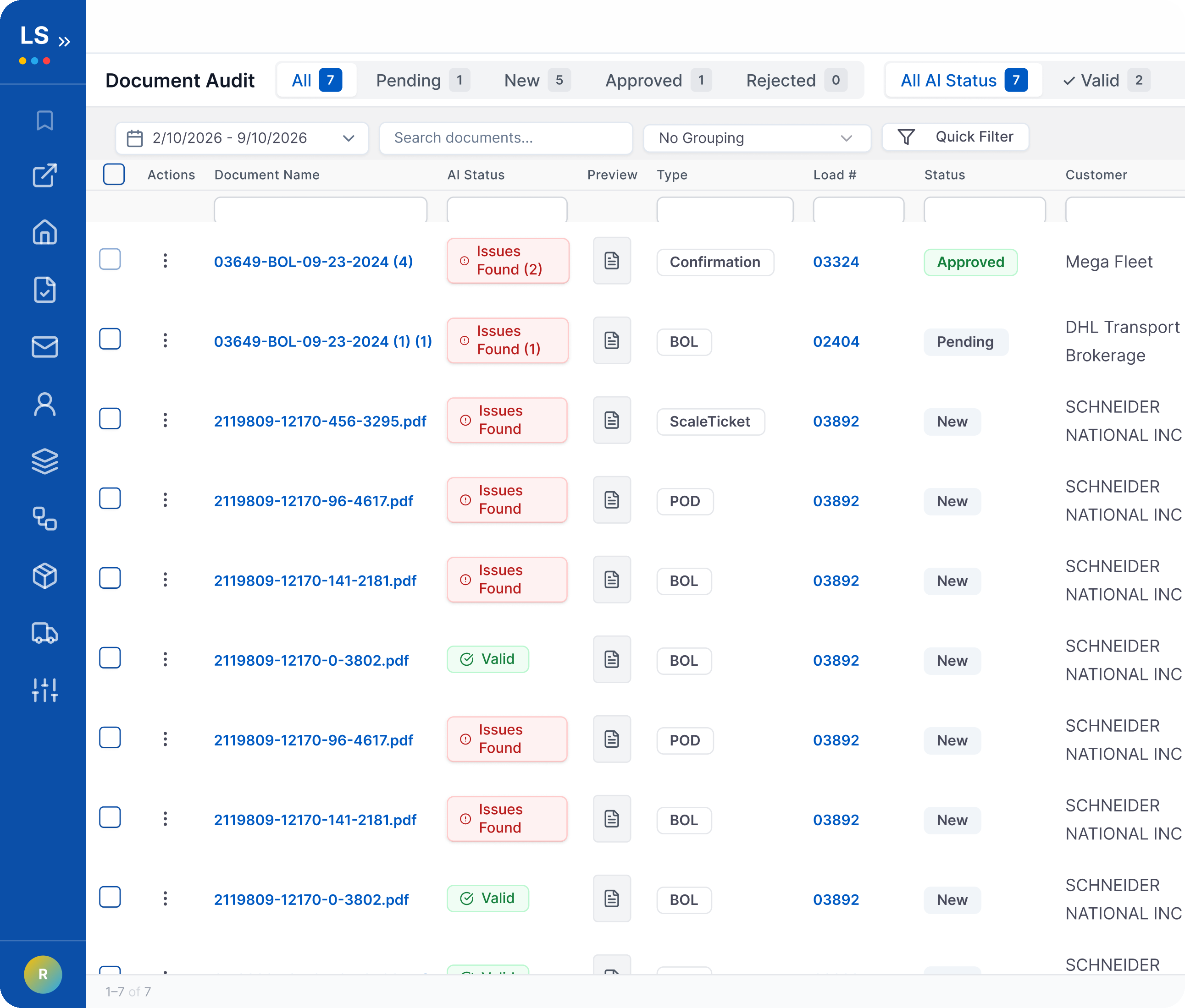 LoadStop Document Audit list with AI status, issues found, and document types